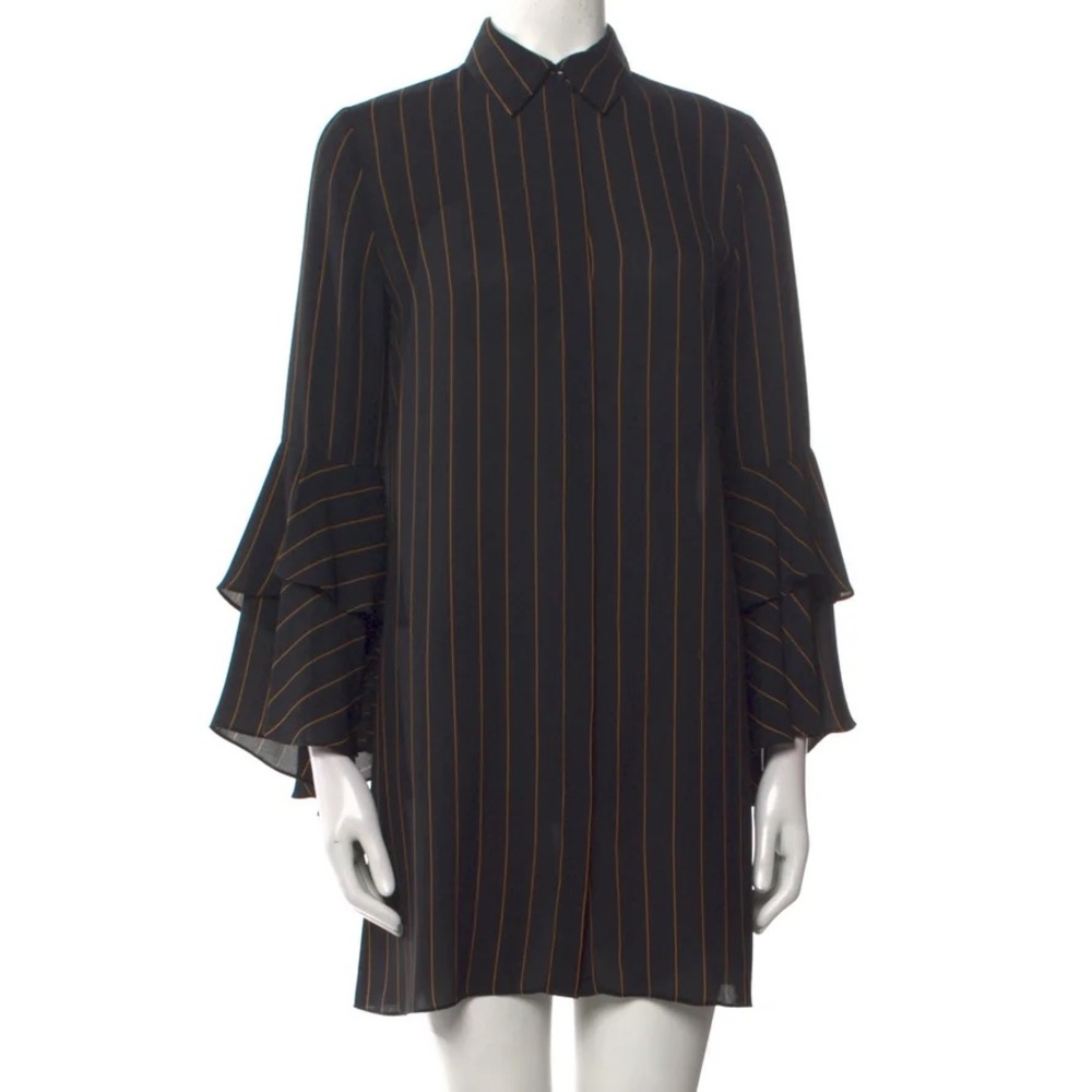 Alice + Olivia Black and Gold Striped Long Ruffle Sleeve Dress